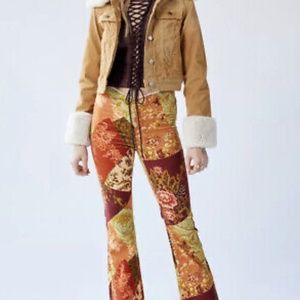 Urban Outfitters Velvet Ruched V Front Pant Flares Floral Wine Tan Lime